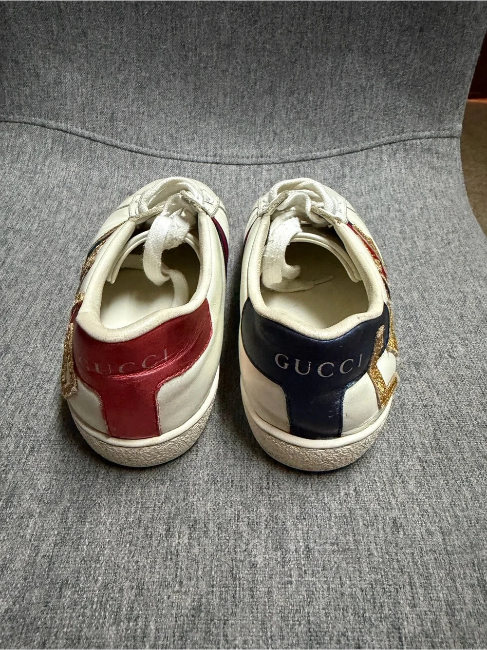 White Leather 'Loved' Low-Top Sneakers with Red & Blue Stripe